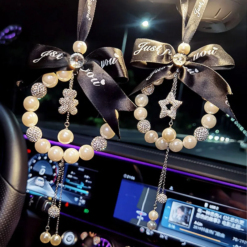 

Woman NEW Car Accessories Diamond Pearl Car Pendant Cute Cartoon Bear Heart Tassels Rearview Mirror Ornament Fashion Rhinestone