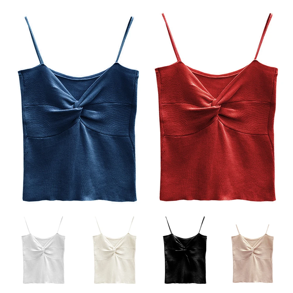

Sexy Women Knot V Neck Sleeveless Basic Crop Top Spaghetti Strap Camisole Vest