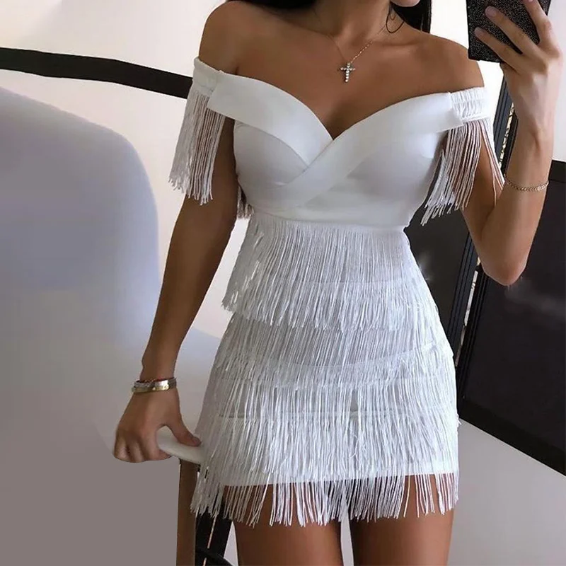 

Sexy sin mangas Bodycon Mini vestido de las mujeres blanco hombro borla corto Vestidos de verano de 2021 Bandage Fiesta Club