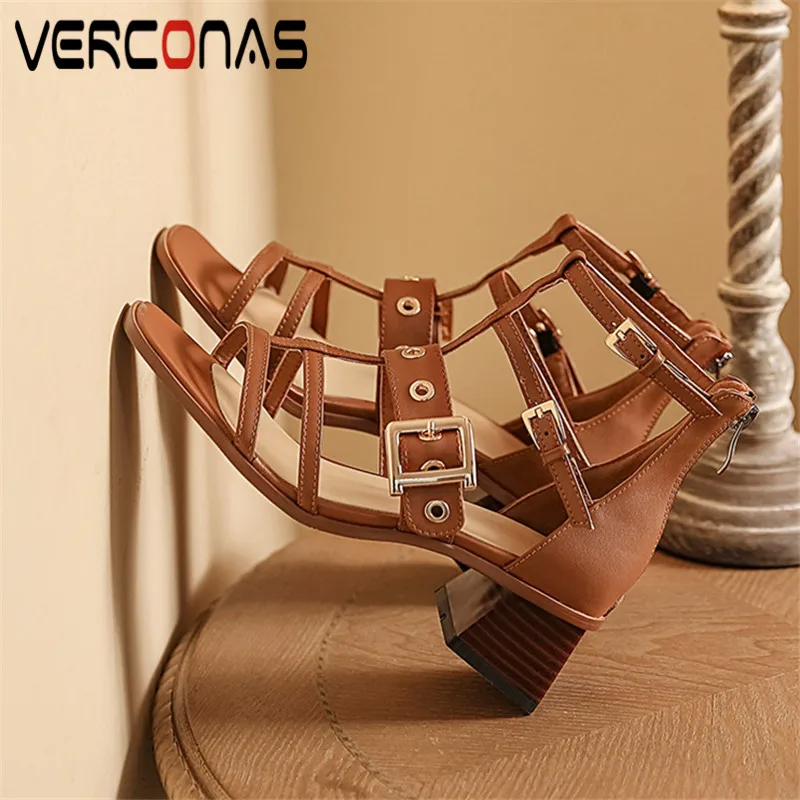 

VERCONAS 2021 Woman Sandals Woman Pumps New Arrival Genuine Leather Metal Decoration Zipper Square Toe Square Heels Shoes Woman