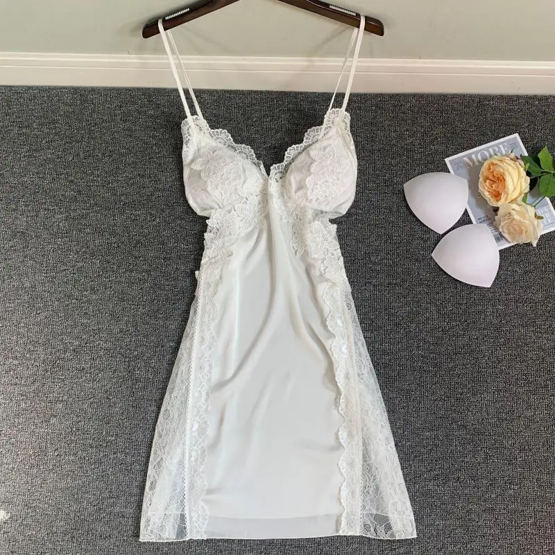 Sexy Patchwork Hollow Out Lace Nightgown Sleepwear Perspective Temptation Spaghetti Strap Nightdress Lady Silk Satin Home Dress