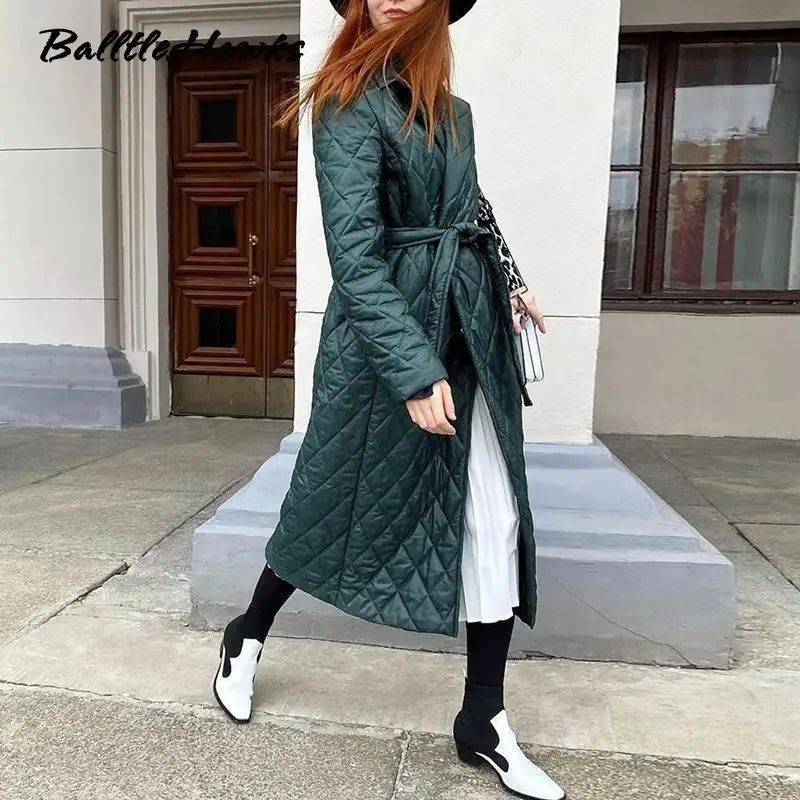 Women Long Straight Winter Coat with Rhombus Pattern Casual Sashes Women Parkas Deep Pockets Tailored Collar Stylish Outerwear