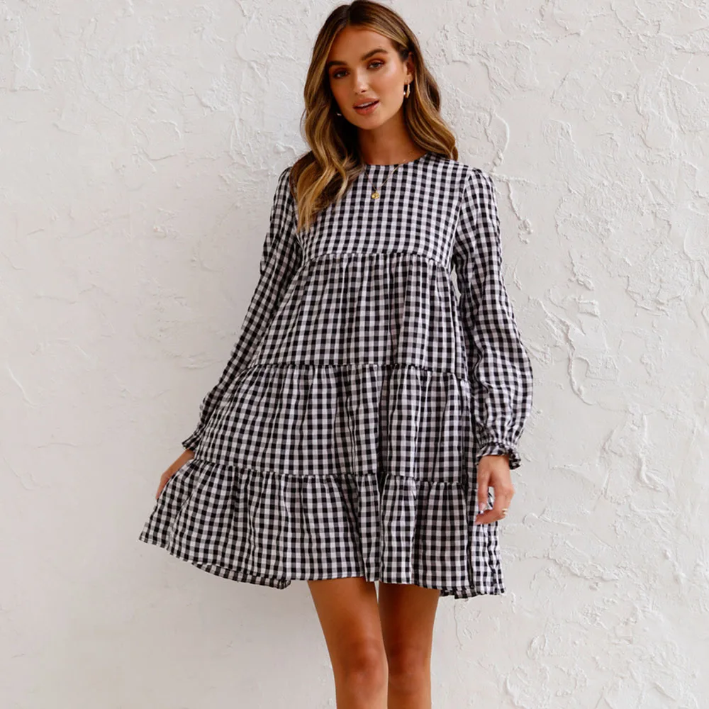 

Женское весенне-осеннее клетчатое платье с принтом, модное повседневное свободное платье миди с длинным рукавом и Q-образным вырезом, 2021