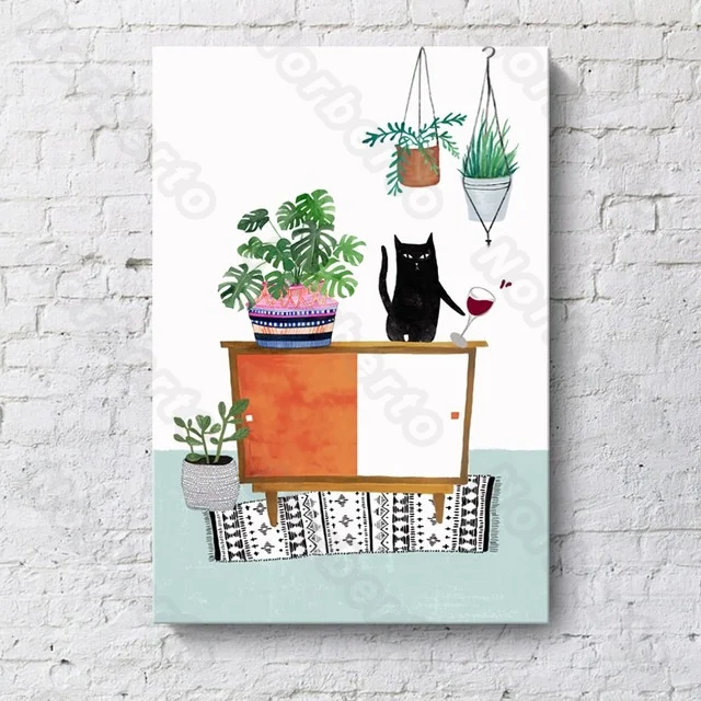 

Nordic Style Canvas Painting Wall Poster Green Plants Black Cats Seems Like a Comfortable Place for Home Rooms Wall Decoration