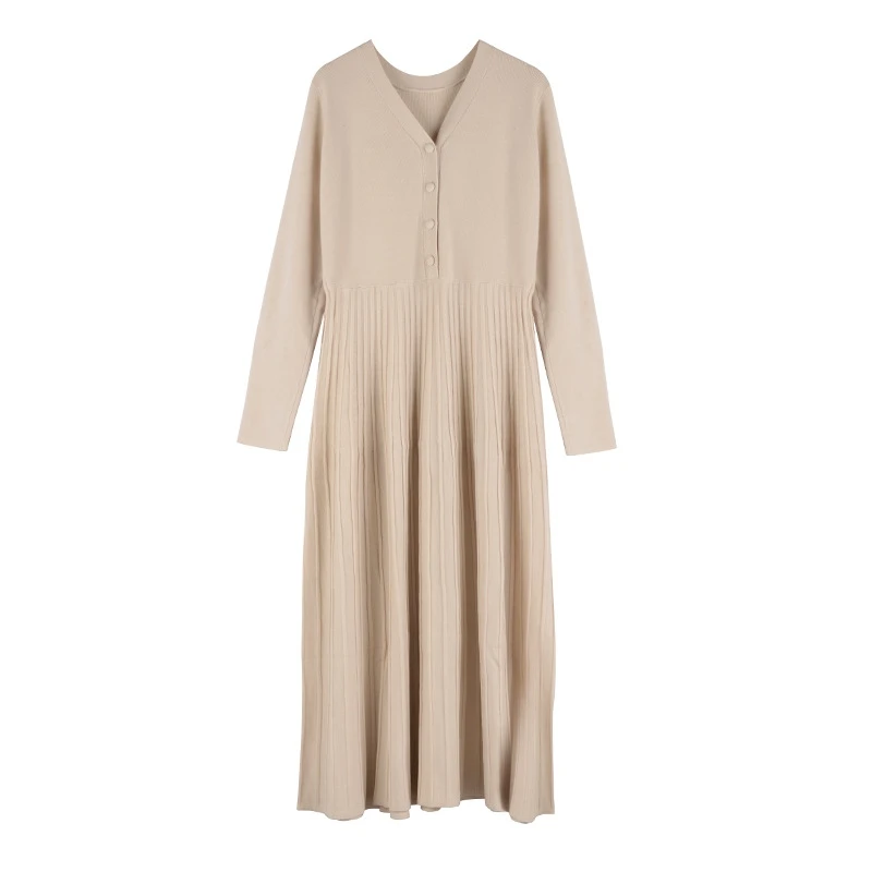 Autumn Winter New Retro Button Knitted Pleated Sweater Dress Women Long Sleeve Pink Black A Line Striped Bodycon Vestidos Mujer | Женская