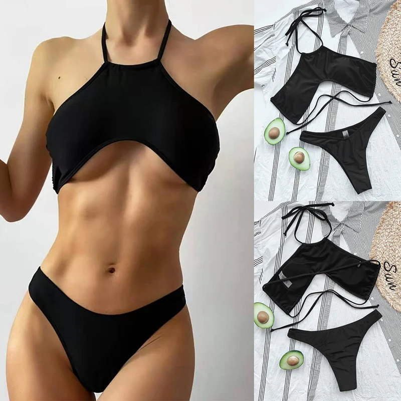 

Sexy Halter Bikini Female Swimsuit Women Swimwear 2-Pieces Bikini Set Black Mid Waist Bathing Suit Swim
