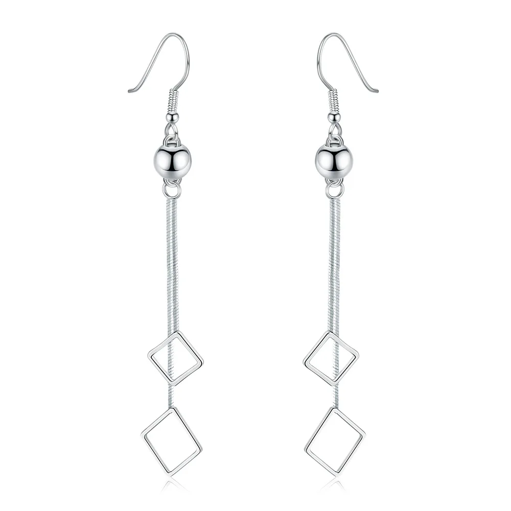 

S925 Silver Earring Rectangles Openwork Tassel Drop Earring For Women Wedding Gift Lady Girl Fashion Jewelry