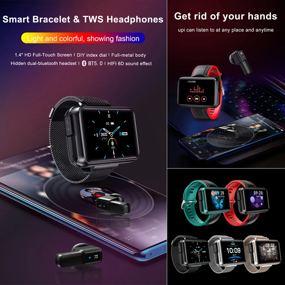 

T91 Heart Rate Monitor Smart Bracelet 1.4 Inch Running Fitness Tracker IPS Screen Touch Control 2 In 1 TWS Wireless Earphone
