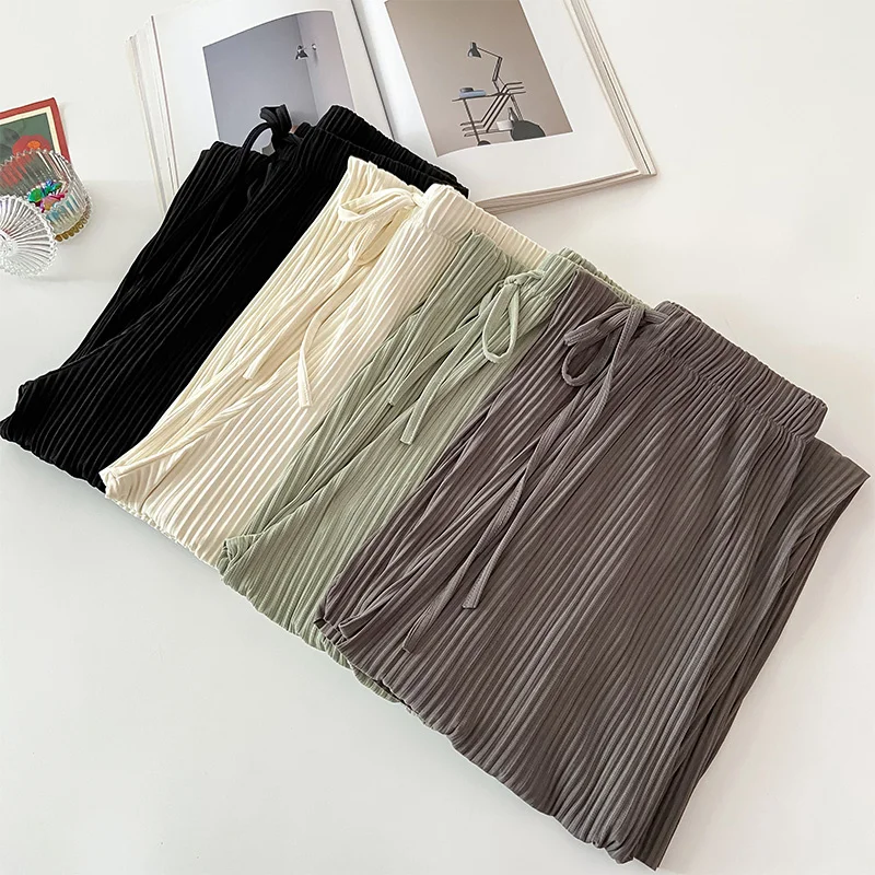 

Женские укороченные брюки из ледяного шелка, повседневные укороченные брюки с высокой талией, подходящие ко всему прямые широкие штаны в Ко...