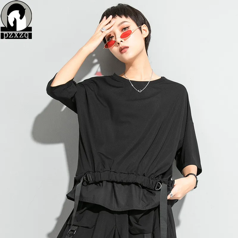 

Женская футболка с коротким рукавом, черная уличная футболка в стиле панк, украшенная лентами, пуловер с круглым вырезом, 2021