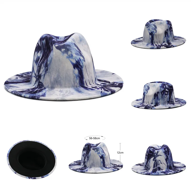 

Шляпа Федора с принтом для мужчин и женщин, модная Панама с плоским козырьком, имитация шерсти, в стиле джаз, синего цвета, на зиму и весну