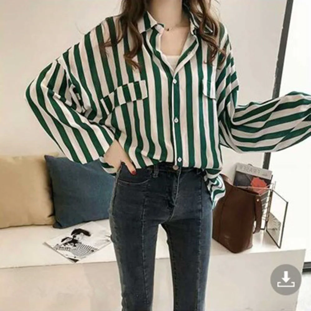 

Женские топы на весну и осень, Женская Полосатая Рубашка с длинным рукавом, элегантная повседневная женская модная рубашка с воротником-пол...