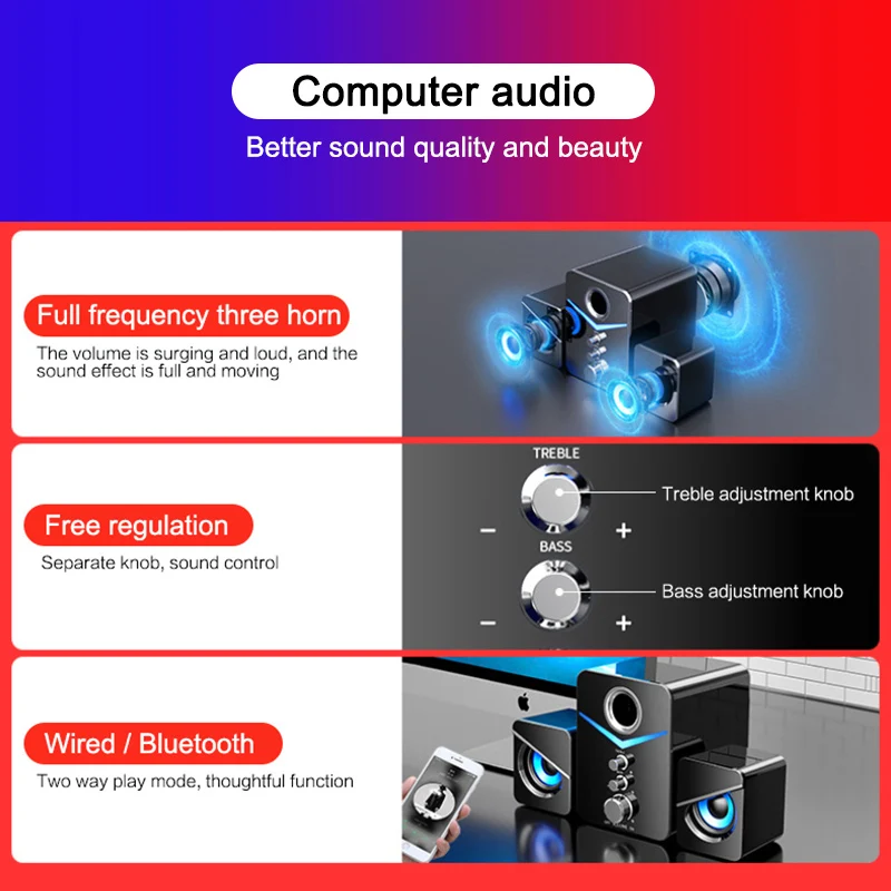 

3pcs/1 Set Computer Speakers Surround Bass Stereo Portable Bluetooth 5.0 Subwoofer Audio Speaker For Desktop PC Computer