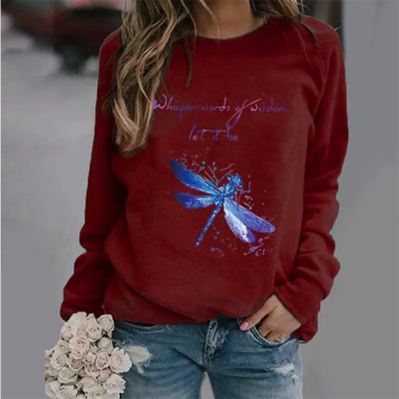 

2021 summer hot-selling casual dragonfly print long sleeve round neck slim pullover women's T-shirt