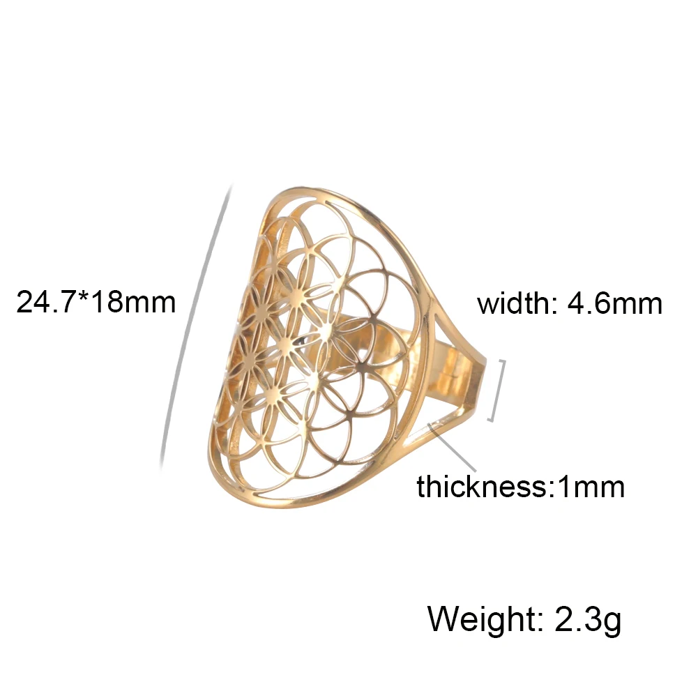 Vintage Flower of Life Seed of Life Adjustable Wedding Ring for Women Boho Aesthetic Stainless Steel Jewelry Bague Femme Anillos images - 6