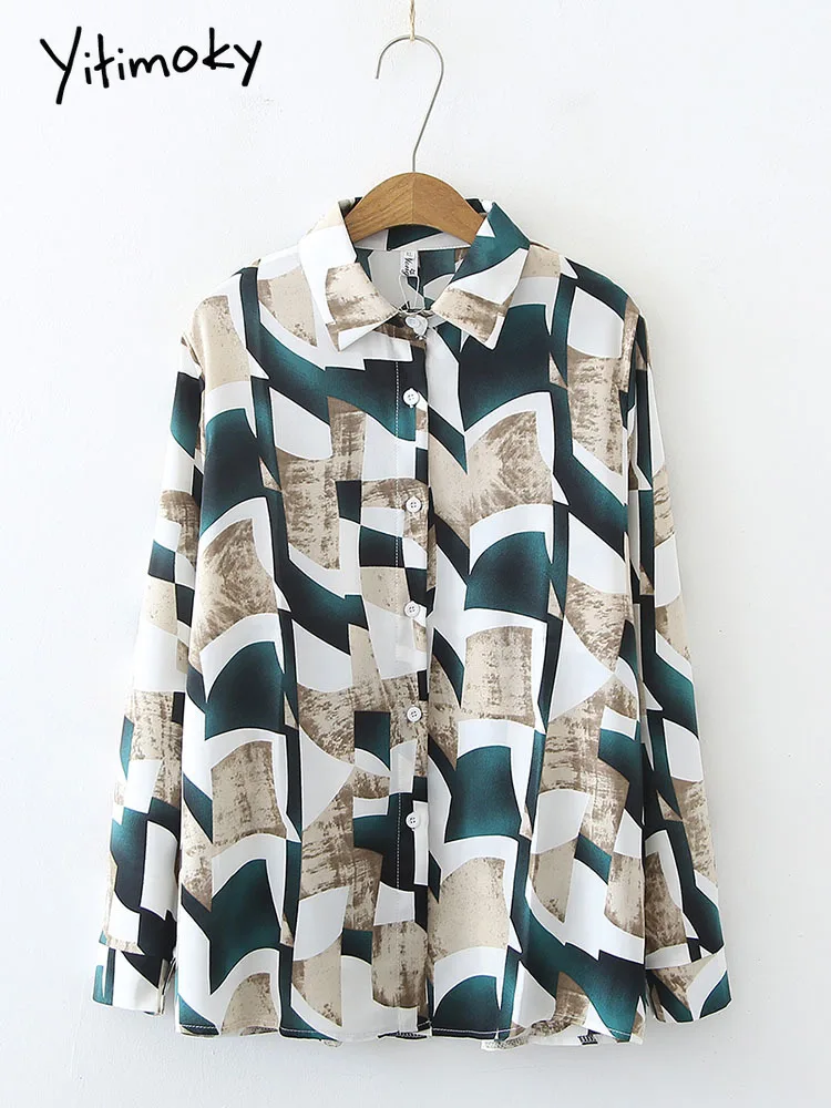

Yitimoky женская рубашка на пуговицах с геометрическим рисунком, топы, блузка с длинным рукавом 2021, осенняя винтажная шифоновая корейская мода, ...