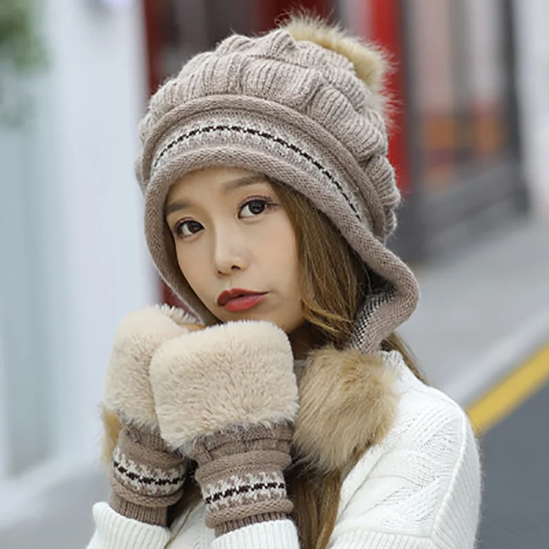 3pcs/set Girls Thicken Ski Snow Cap New Fashion Fur PomPoms Winter Women Beanie Hats Female Skullies Warm Gloves + Knit Hat Set