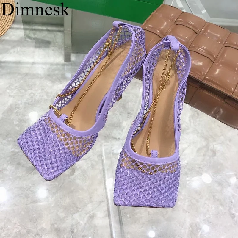 

2021 Net Mesh Thin High Heel Sandals Women Square Toe Metal Chain Decor Sandalias Summer Sexy Party Dress Shoes Female Stilettos