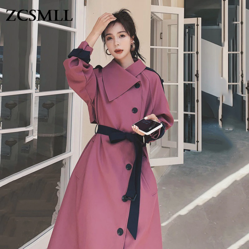 

ZCSMLL 2021 Winter New Rose Red Windbreaker Female Side Buckle Lapel Design Bandage Long Sleeve Outerwear Women Fashion TH949