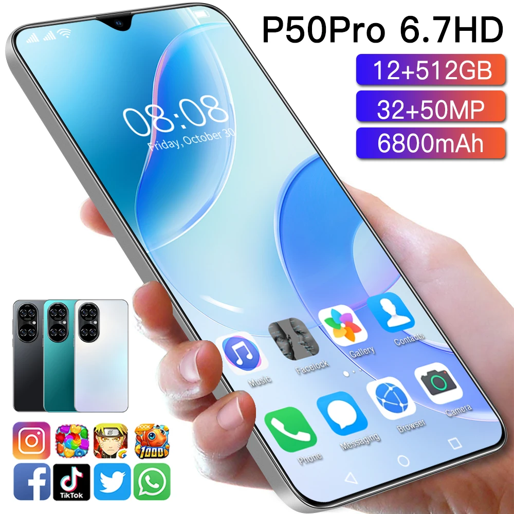 

Newest Smartphone P50pro CPU Snapdragon 888 6.7inch Screen 6800mah Battery 12GB RAM 512GB ROM 4G LTE 5G Mobile Phone 32MP 50MP