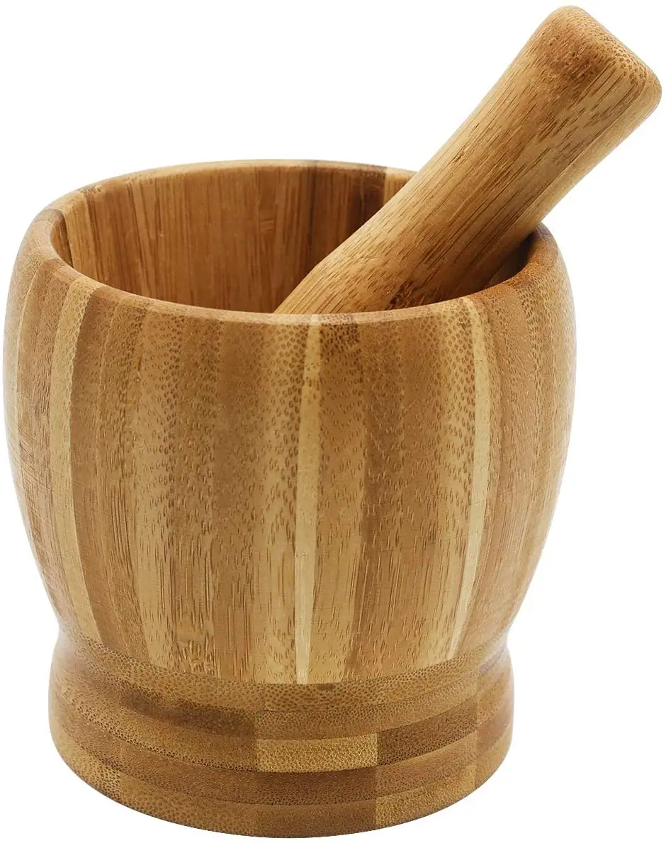 

New Mortar And Pestle Set Bamboo Bowl Garlic Press Grinder Crusher For Guacamole Kitchen Pepper Garlic Pressing Bowl Convenient