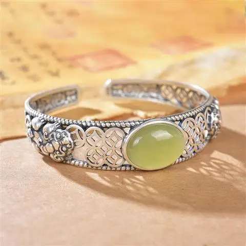 

Original S925 Sterling Silver Inlaid Hetian Jade Hollow out Classical Retro Ancient Style Money Drawing Pi Xiu Female Open-End B