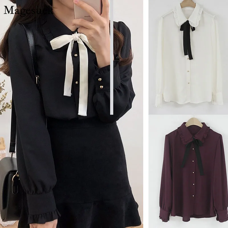 

2022 Sweet Korean Autumn Loose Plus Size Blouse Women Office Cardigan Puff Sleeve Tops Long-Sleeved Chiffon Shirt Women 9820
