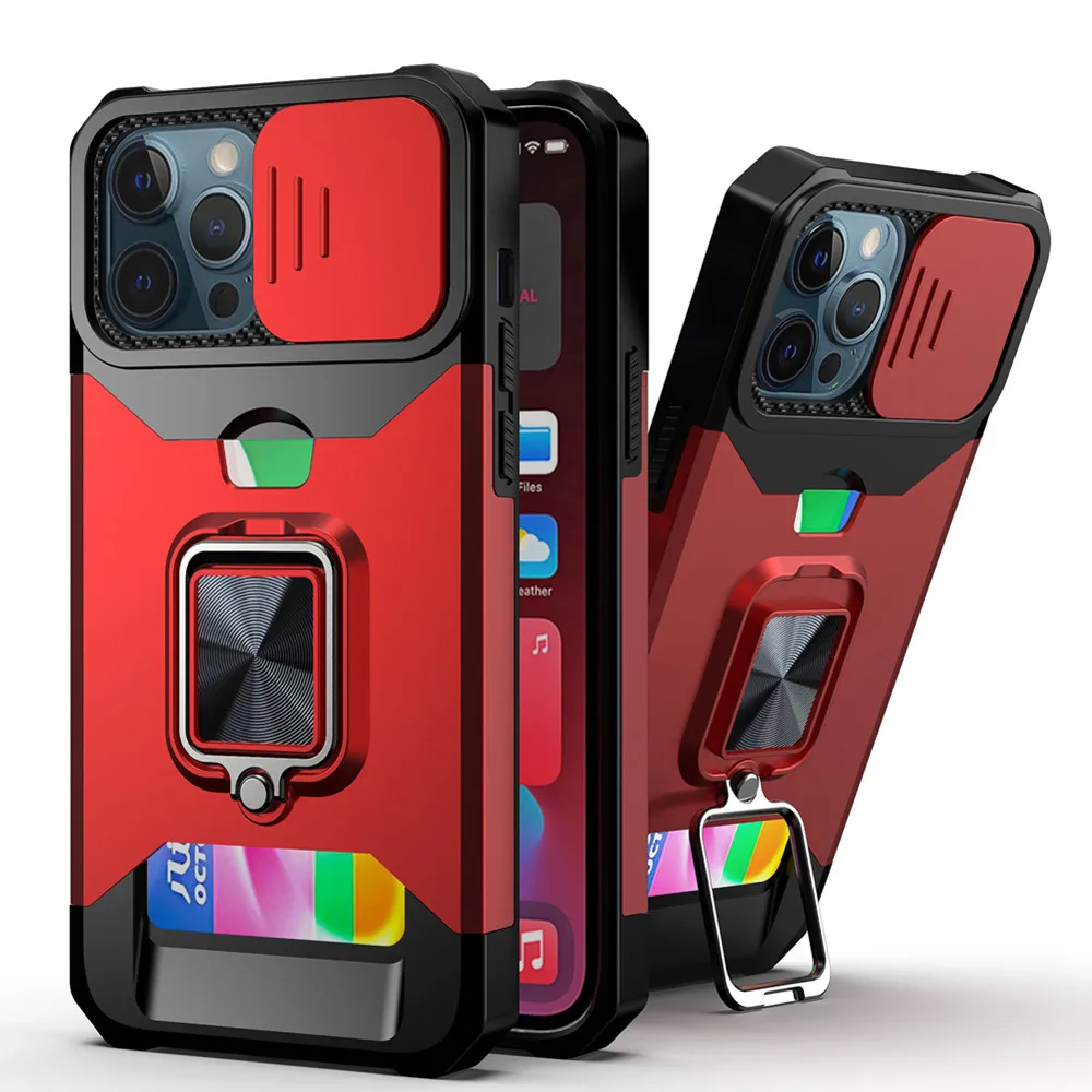 

Slide Screen Protective Case For iPhone 13 12 11 Pro Max Mini SE 2020 Xs Max XR X 8 7 Plus Ring Holder TPU Card Slot Armor Cover