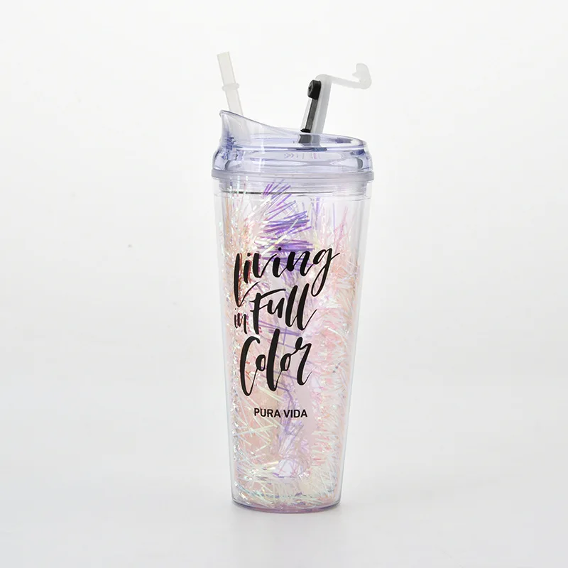 

New Creative Plastic Cup With Wool Top INS Color Cup Holiday Gift Clamshell Double-layer Water Cup With Sequins And Portable