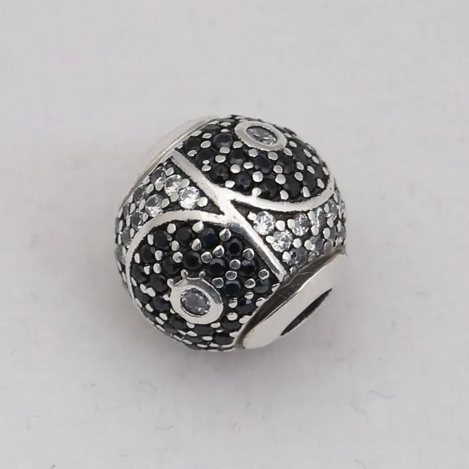 

S925 Серебряный баланс талисман с прозрачными CZ & черного цвета с украшением в виде кристаллов для сущность браслет леди подарок ювелирных изделий небольшое отверстие