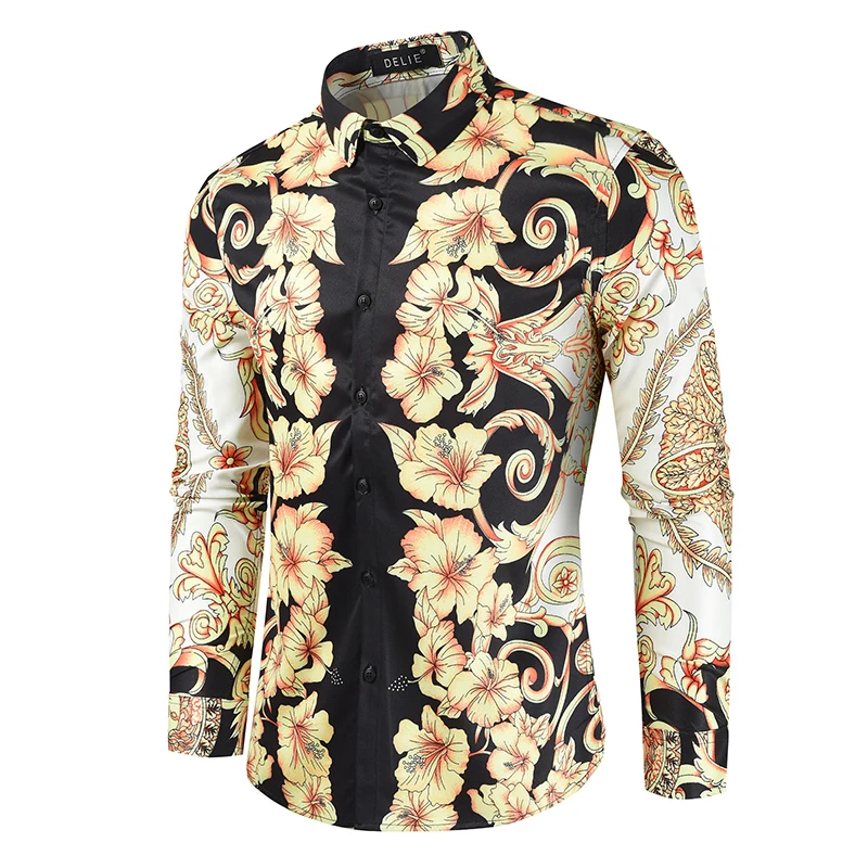Мужская однобортная рубашка с длинным рукавом и цветочным принтом | одежда