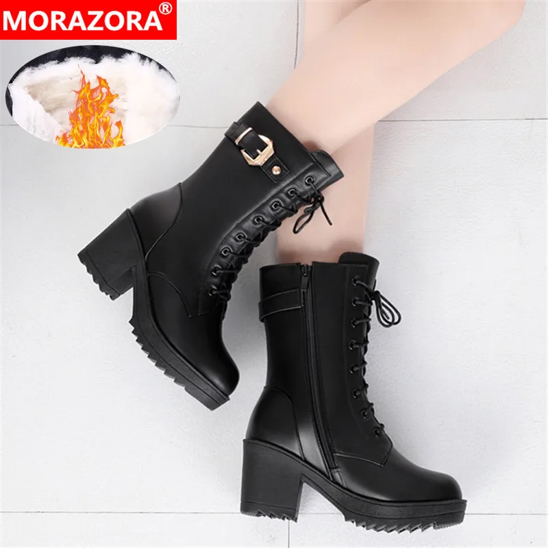 Женские сапоги на молнии MORAZORA черные из натуральной овечьей кожи платформе с