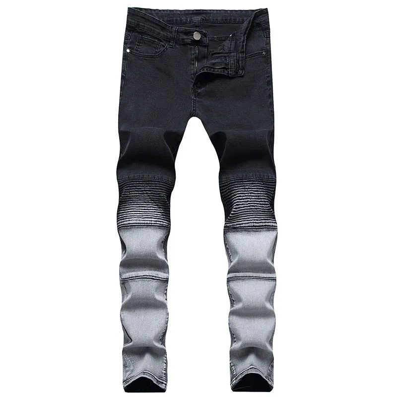 

Men New Pleated Jeans Spring High Stretch Small Feet Slim Fit Casual Denim Pants Black High Quality Zipper Gradient Trousers