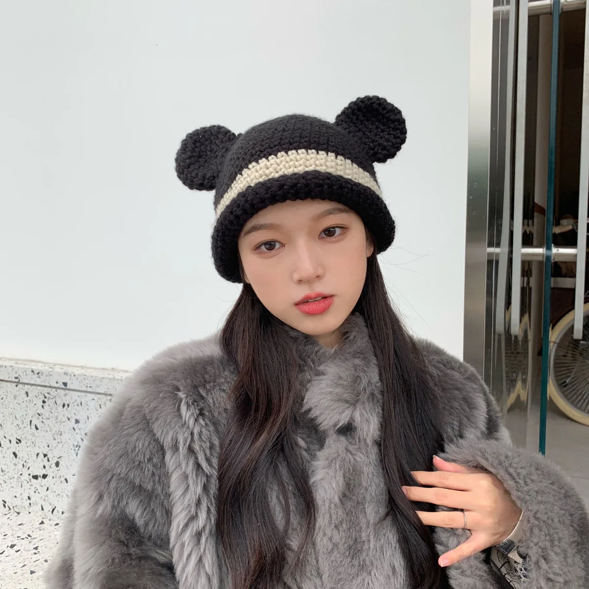 Fashion Autumn Winter Knitted Bucket Hat Women Bear Ear Plush Fisherman Hat Soft Warm Basin Hat Girls Ear Protection Beanie Hats