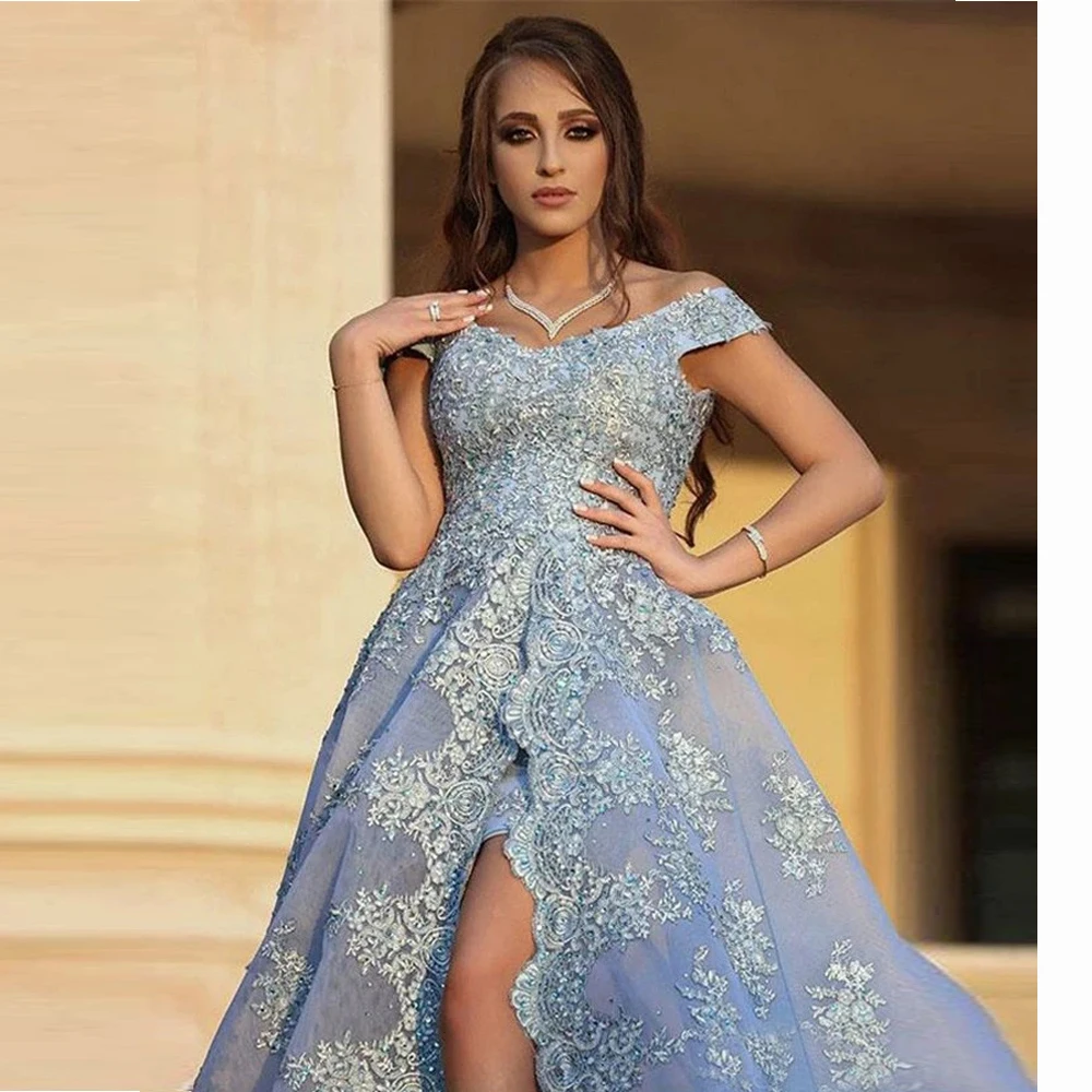 

2021Light Sky Blue Prom Dress A-line Off-the-shoulder Tulle Lace Prom Dresses Long Evening Dresses Front Split Party Gowns