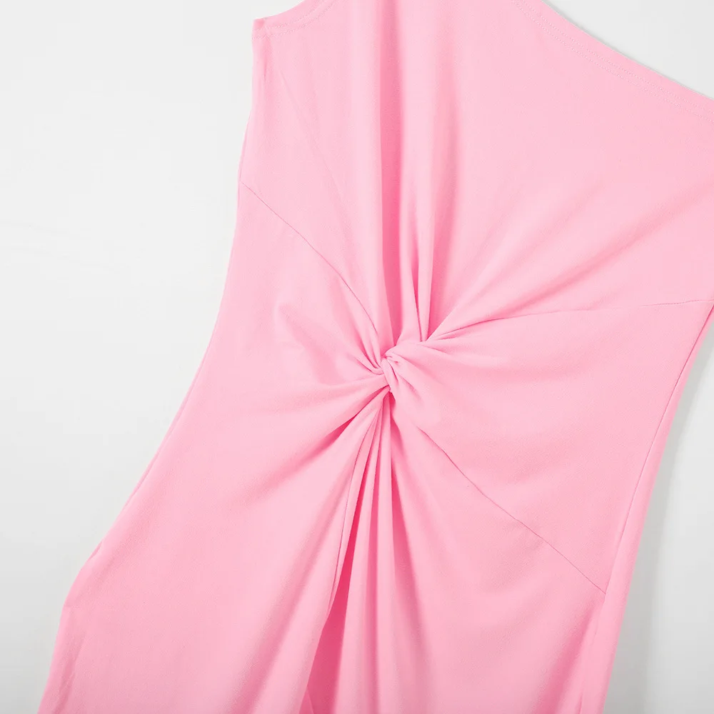 

Sexy Women Summer Solid Pencil Dress For Party Irregular Tangle Up Design Ruffles Decor One Shoulder Sleeveless Slim Hips Dress
