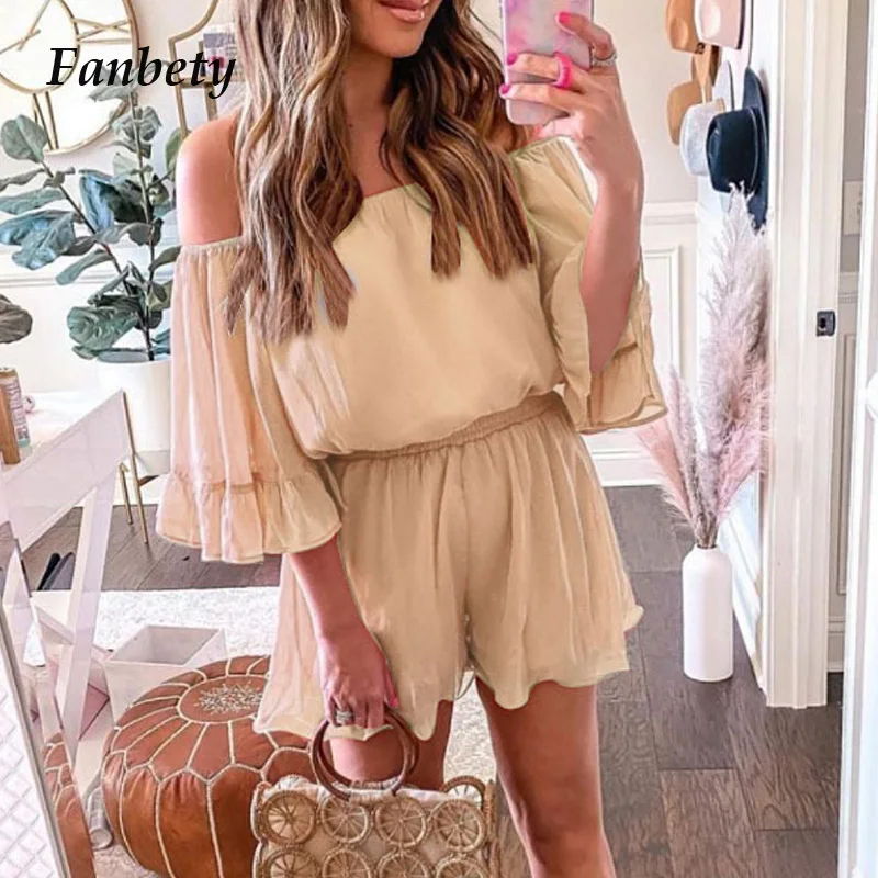 

Женские Элегантные пикантные Свободные Комбинезоны с открытыми плечами, летние модные комбинезоны с оборками, Женская Повседневная шифоно...