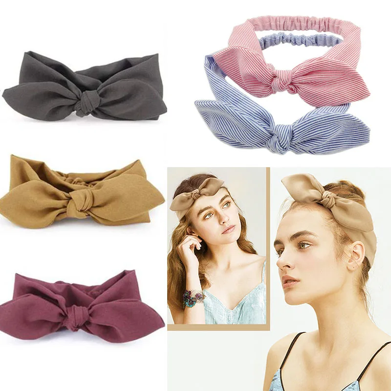 

Women Rabbit Ear Headband Solid Striped Cotton Elastic Hair Bands Bow Knot Turban Hairband Fashion Lady Girls Hair Accessories