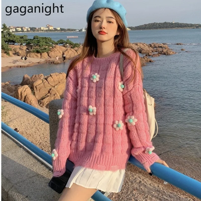 

Gaganight женский утепленный свитер 2021 осень-зима новый милый нежный цветочный пуловер с круглым вырезом свободный темпераментный свитер женск...