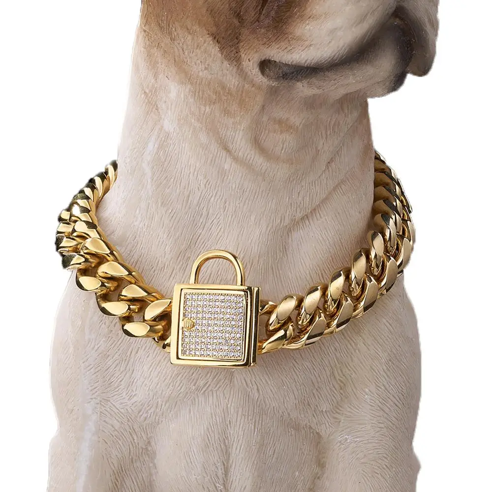 

Comfortable DogChoke Miami Cuban Chain Bling CZ Button Dog Collar Strong Stainless Steel Metal Slip Chain Luxury Training Collar