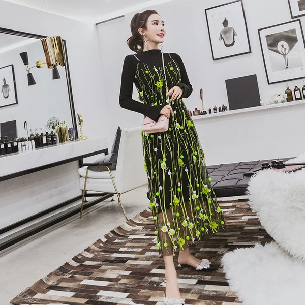 Knitted Dress 2 Piece Set Autumn New Solid Black Sweater Dress and Hairball Appliques Floral embroidery Mesh Sling Dress Sets