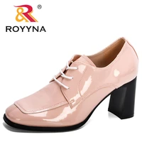 royyna 2020 new designers trendy patent leather pumps chunky heels women pumps lace up zapatos footwear feminimo dress shoes