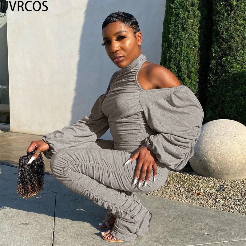 

UVRCOS Jumpsuit Women Summer 2020 Elegant Party And Wedding Sexy Mujer Backless Bubble Sleeve Halter Fashion Fold Pants Playsuit