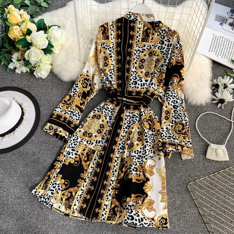 

Raisevern Vintage Dress for Woman Long Sleeve Geometric Print Button Sashes 2020 New Female Holiday Loose Dress Drop shipping
