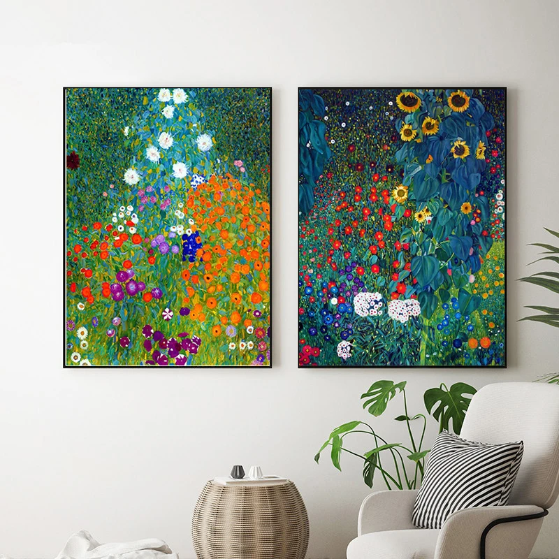 

Abstract Farm Garden with Sunflowers Gustav Klimt Landscape Canvas Painting Posters and Prints Wall Art Picture for Living Room