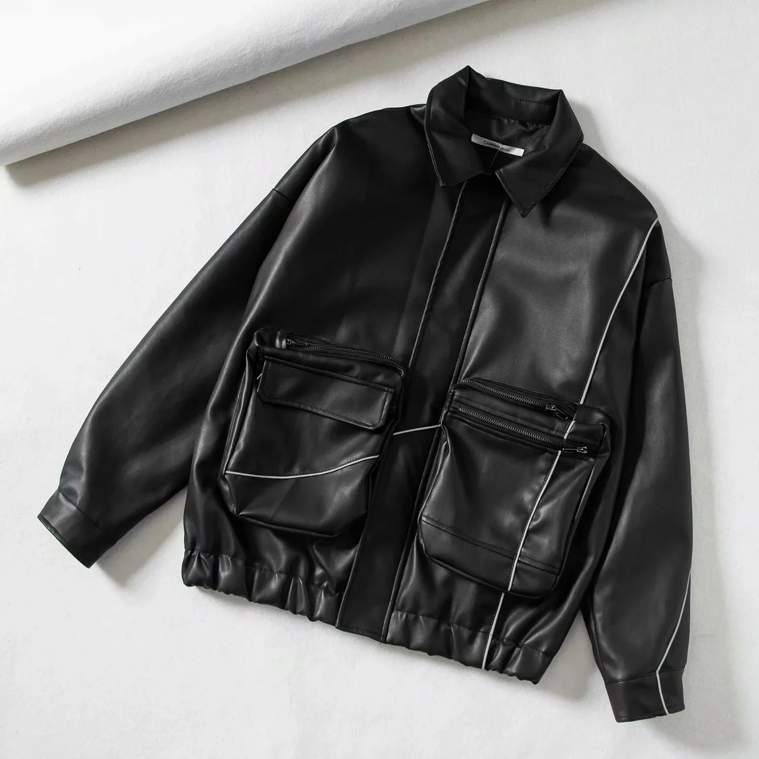 Женская кожаная куртка в стиле сафари на осень и зиму свободная Светоотражающая