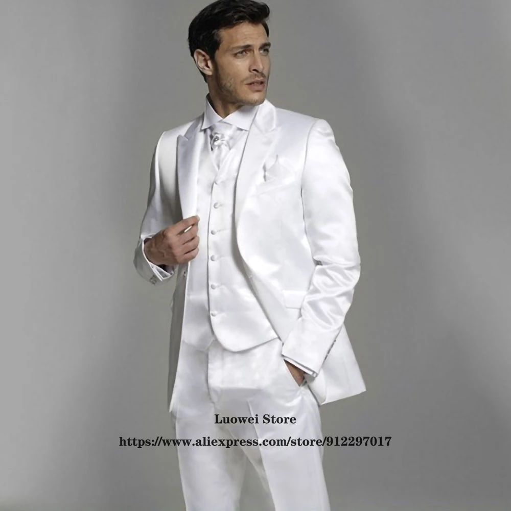 

Модные белые мужские костюмы, свадебный смокинг с заостренным лацканом для жениха, комплект из трех предметов, пиджак, жилет и брюки, официа...