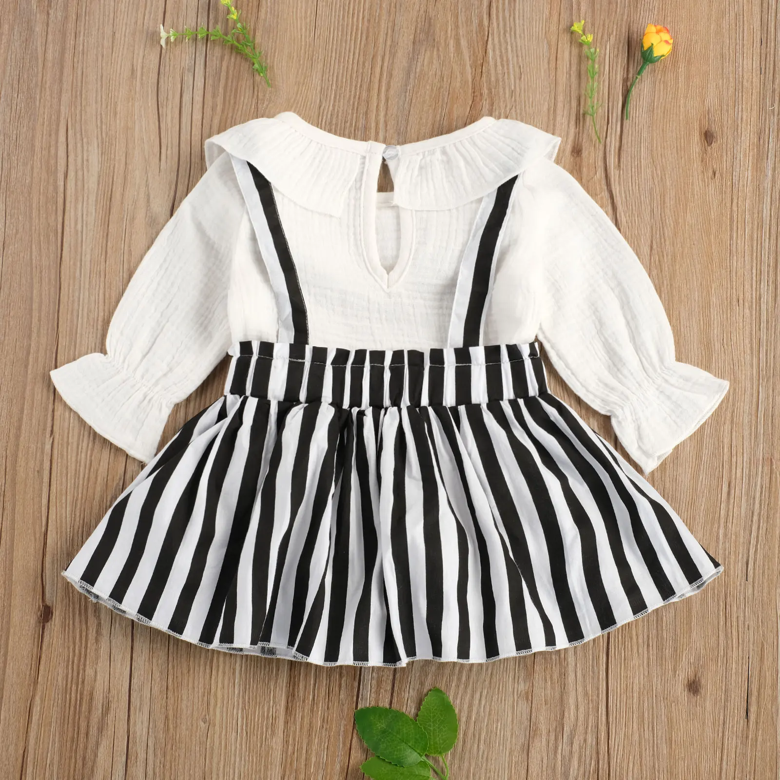 

Pudcoco 2020 Autumn 0-24M Toddler Baby Girl 2Pcs Set Ruffle Round Neck Lantern Long Sleeve Bodysuit+Striped Suspender Skirt