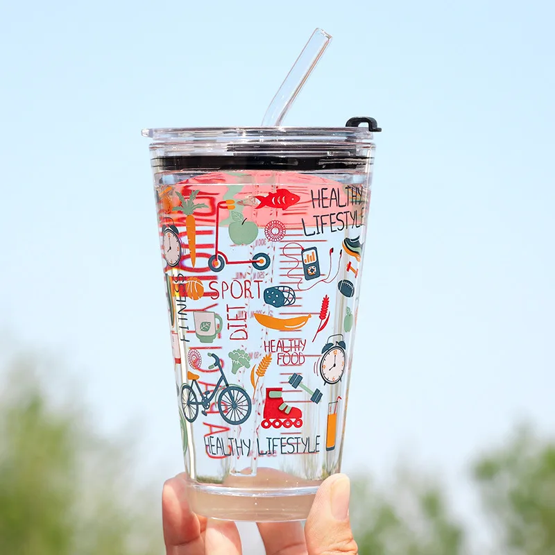 

Animal Cartoon Carton Glass Water Bottles Family Digital Glass Measuring Cup Milk Coffee Glass Cup With Lid Tea Straw Mug