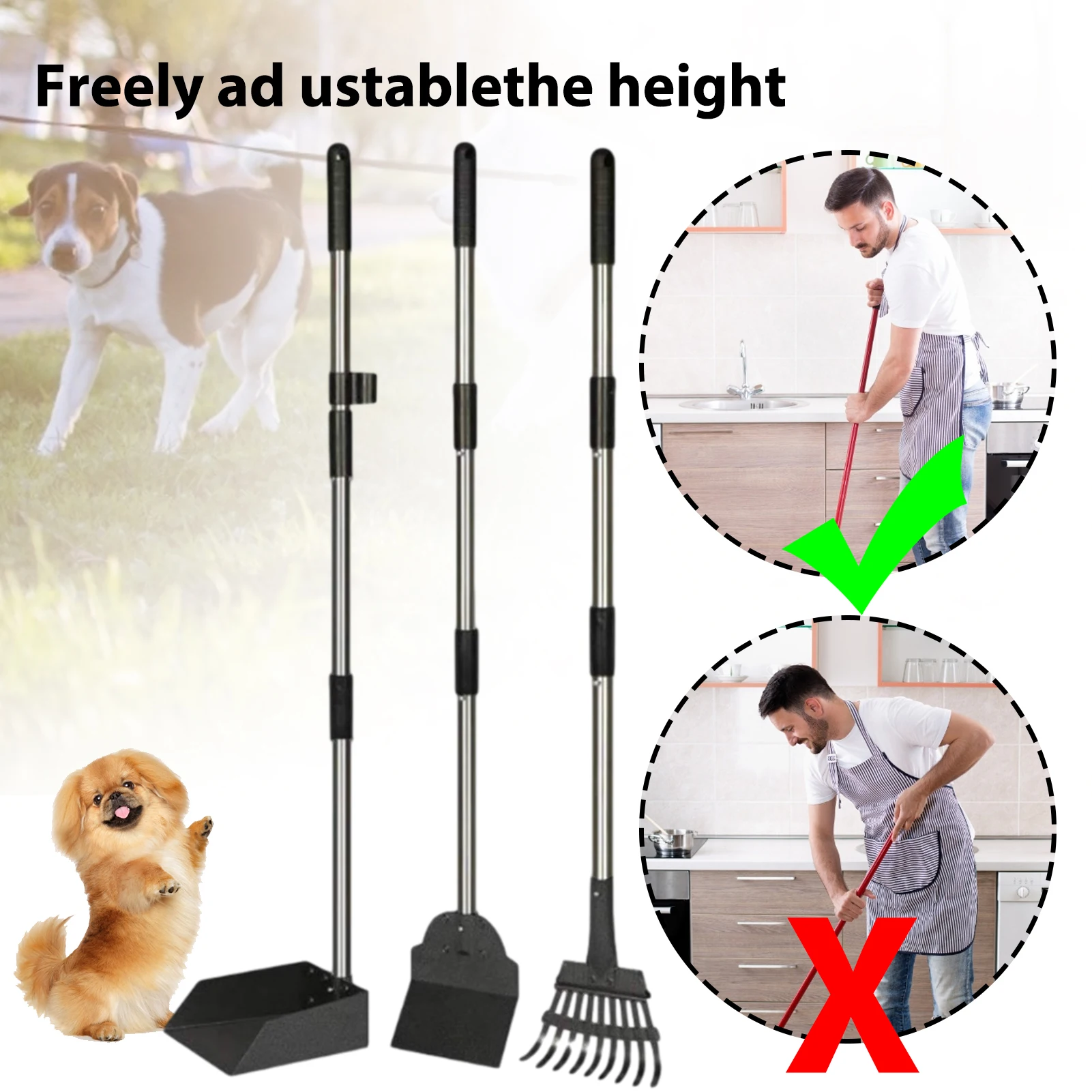

3PCS Metal Broom For Pet Excrement Dog Pooper Scooper With Metal Rake, Tray & Spade For Large Medium Small Dogs Pets